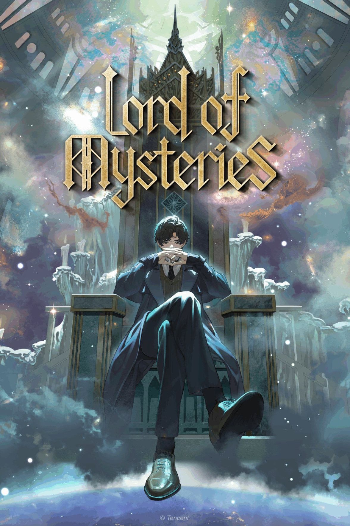 Lord of the Mysteries anime cover - picture of a man in black suit and coat sitting on an elaborate throne. 